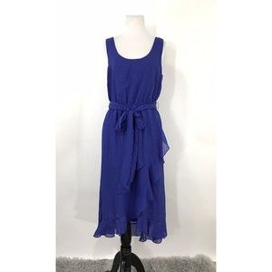 NWT Belle Badgley Mischka Sleeveless Blue‎ Ruffle Hem Tie Waist Dress Size 8